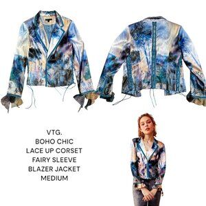 VTG. Y2K BOHO CHIC‎ CORSET FAIRY LACE UP VELVET LINED BLAZER JACKET SZ. 8 MEDIUM